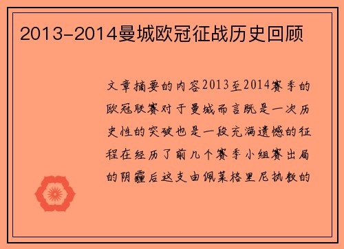 2013-2014曼城欧冠征战历史回顾
