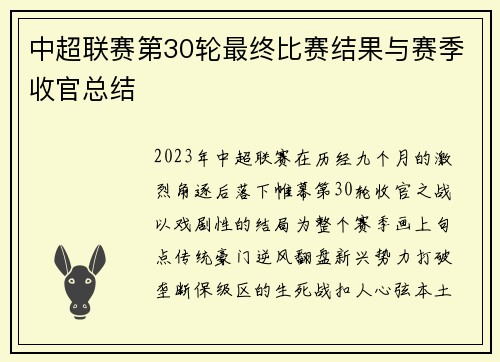 中超联赛第30轮最终比赛结果与赛季收官总结